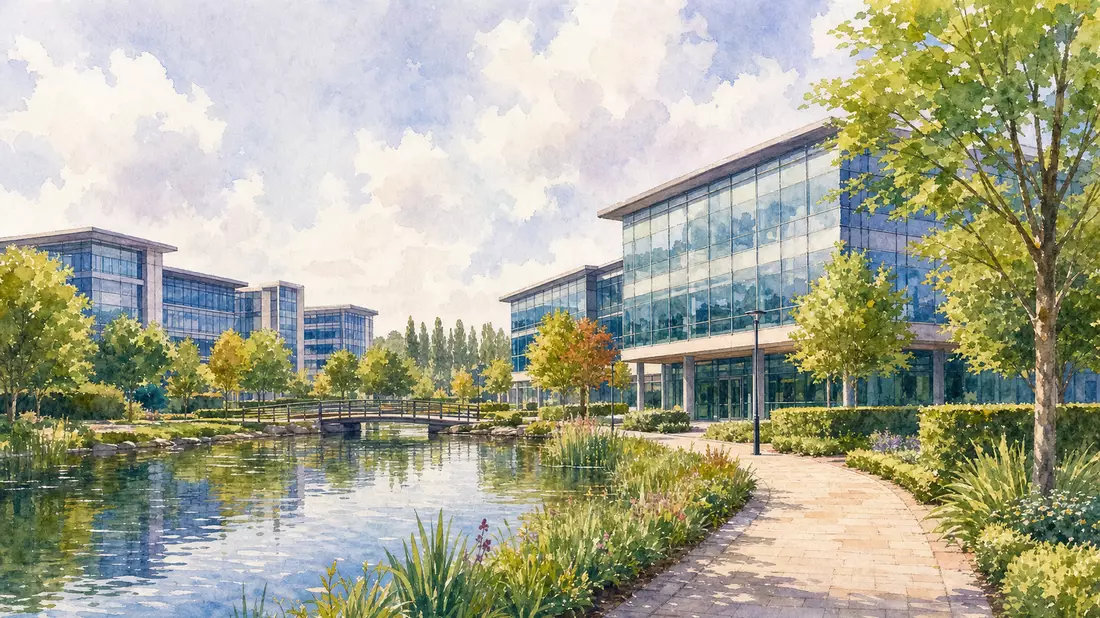 Aquarellmalerei eines modernen britischen Bürocampus mit Glasgebäuden und Teich