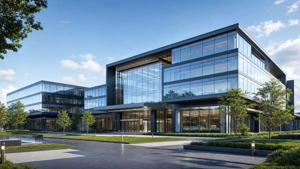 Architekturvisualisierung eines modernen Glas- und Stahl-Bürogebäudes mit Grünflächen