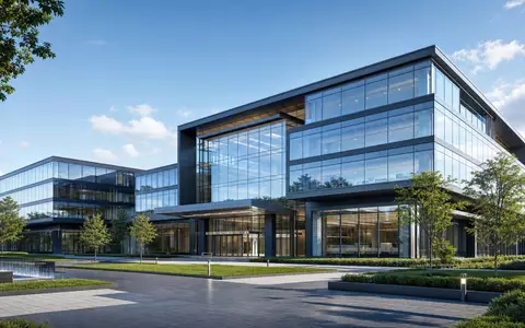 Computacenter plc GB00BV9FP302 prÀsentiert als Architektur-Render eines modernen glÀsernen Firmenhauptsitzes bei Tageslicht - Foto: THN