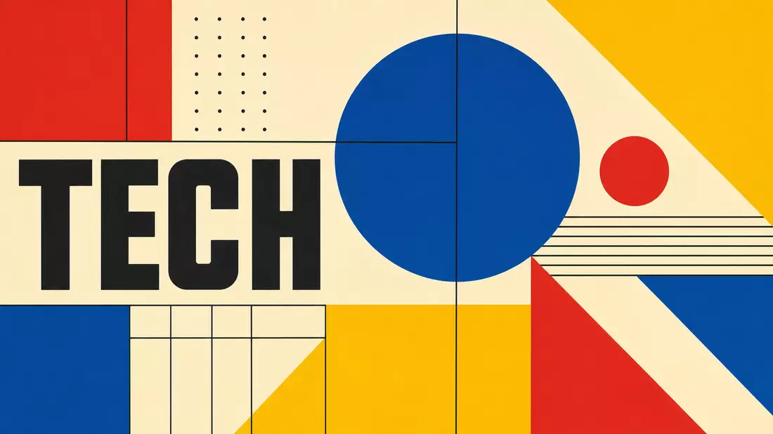 Bauhaus-Poster mit geometrischen Formen in Primärfarben und großem Schriftzug TECH