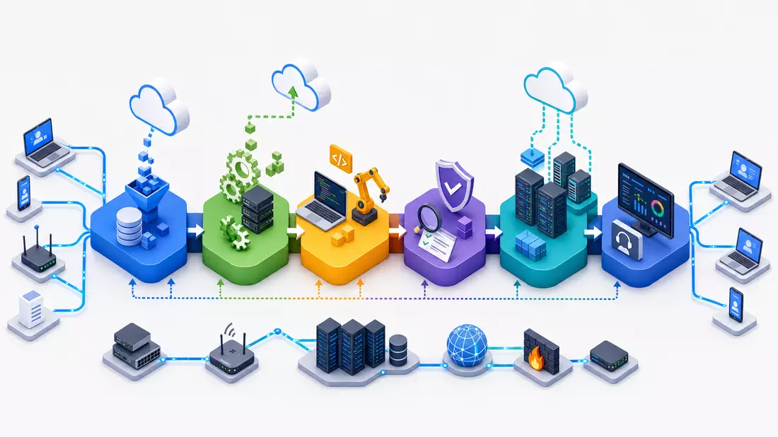 Isometrisches 3D-Diagramm einer IT-Wertschöpfungskette mit Servern, Cloud und Netzwerkgeräten
