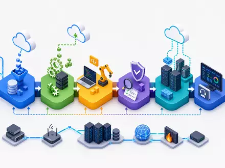 Computacenter plc GB00BV9FP302 veranschaulicht als farbiges isometrisches 3D-Diagramm der kompletten IT-Dienstleistungs-Wertschöpfungskette mit Cloud-Symbolen - Foto: THN