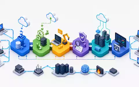 Computacenter plc GB00BV9FP302 veranschaulicht als farbiges isometrisches 3D-Diagramm der kompletten IT-Dienstleistungs-Wertschöpfungskette mit Cloud-Symbolen - Foto: THN
