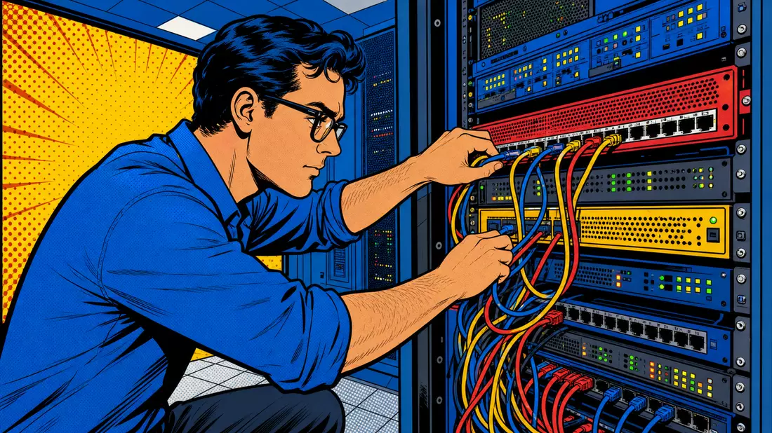 Pop-Art-Comic-Illustration eines IT-Technikers bei der Verkabelung bunter Server
