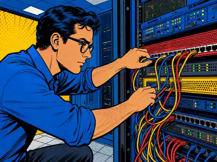 Computacenter plc GB00BV9FP302 in bunter Pop-Art-Comic-Szene eines konzentrierten IT-Technikers bei farbenfroher Serververkabelung dargestellt - Foto: THN