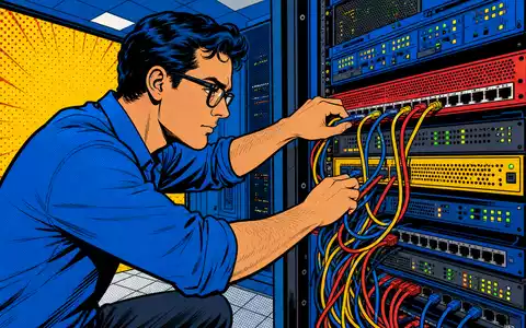 Computacenter plc GB00BV9FP302 in bunter Pop-Art-Comic-Szene eines konzentrierten IT-Technikers bei farbenfroher Serververkabelung dargestellt - Foto: THN
