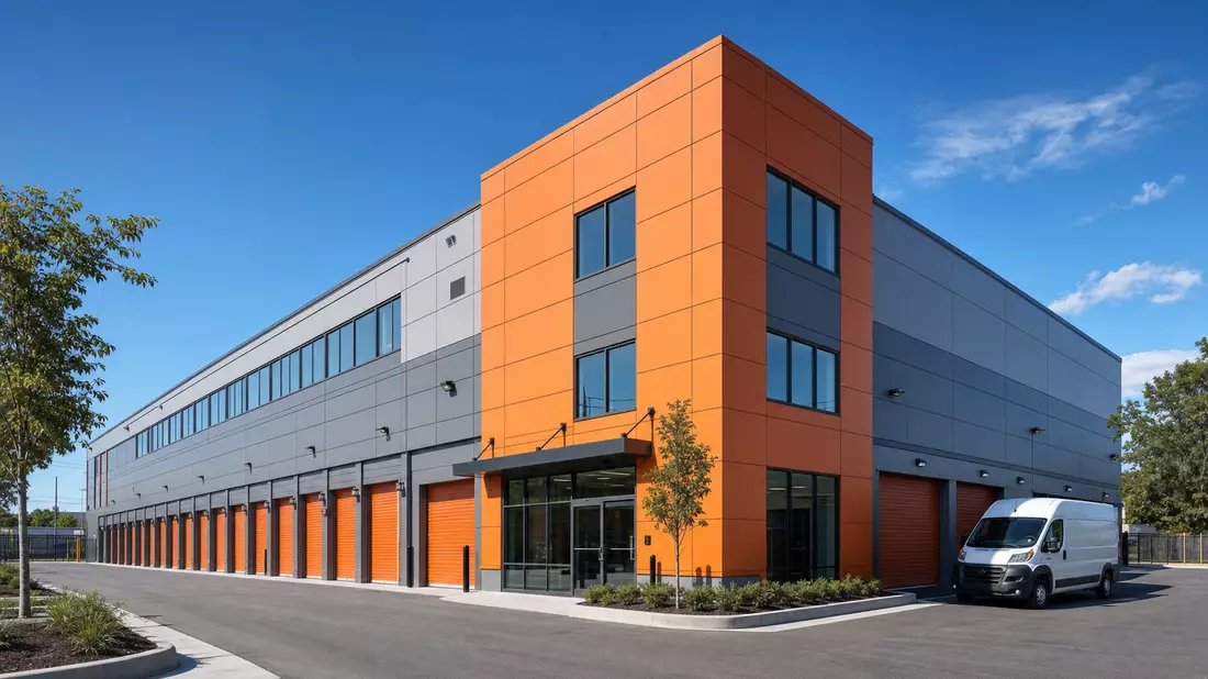 Fotorealistische Aufnahme eines modernen Selfstorage-Gebäudekomplexes mit Rolltoren