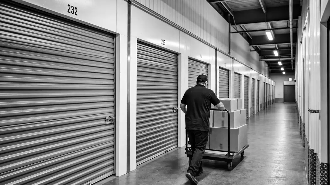 Schwarzweiß-Dokumentarfoto eines Mitarbeiters zwischen Lagerboxen in einer Halle