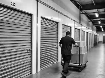 Dokumentarische Schwarzweiß-Aufnahme zeigt Lagerhalle von Safestore Holdings plc, GB00B1N7Z094, im Alltag der Self-Storage-Branche - Foto: THN
