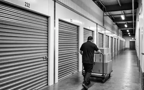 Dokumentarische SchwarzweiĂ-Aufnahme zeigt Lagerhalle von Safestore Holdings plc, GB00B1N7Z094, im Alltag der Self-Storage-Branche - Foto: THN
