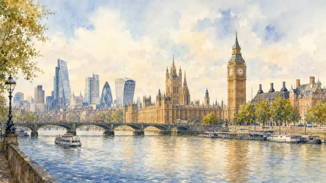 Aquarellbild der Londoner Skyline mit Themse und historischen Gebäuden