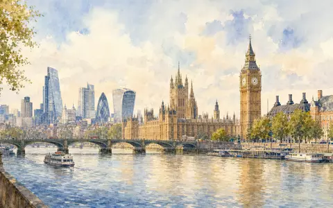 Aquarellmalerei der Skyline von London symbolisiert Firmensitz von Safestore Holdings plc, ISIN GB00B1N7Z094, britischer Self-Storage-Immobilienkonzern - Foto: THN