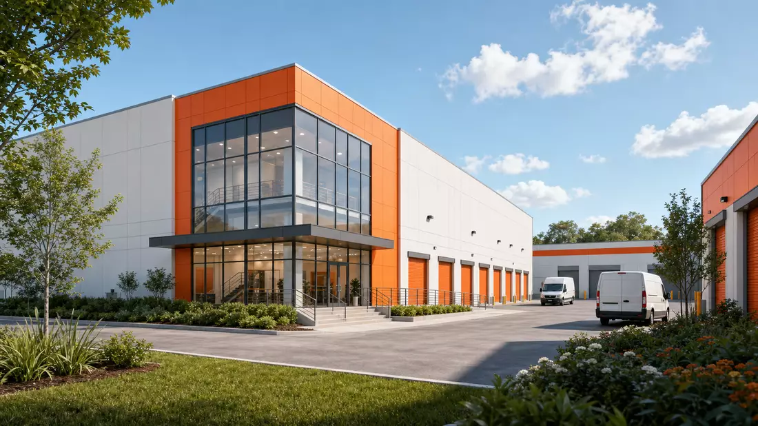 Architektur-Render eines modernen Selfstorage-Gebäudes mit Glasfassade und Hof