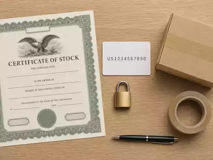 Flatlay-Arrangement mit Aktienzertifikat und ISIN-Karte visualisiert Investment in Safestore Holdings plc, GB00B1N7Z094, Self-Storage-Immobiliensektor - Foto: THN