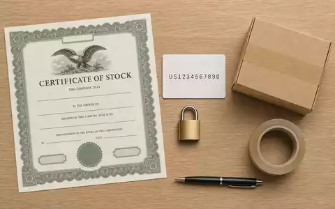 Flatlay-Arrangement mit Aktienzertifikat und ISIN-Karte visualisiert Investment in Safestore Holdings plc, GB00B1N7Z094, Self-Storage-Immobiliensektor - Foto: THN