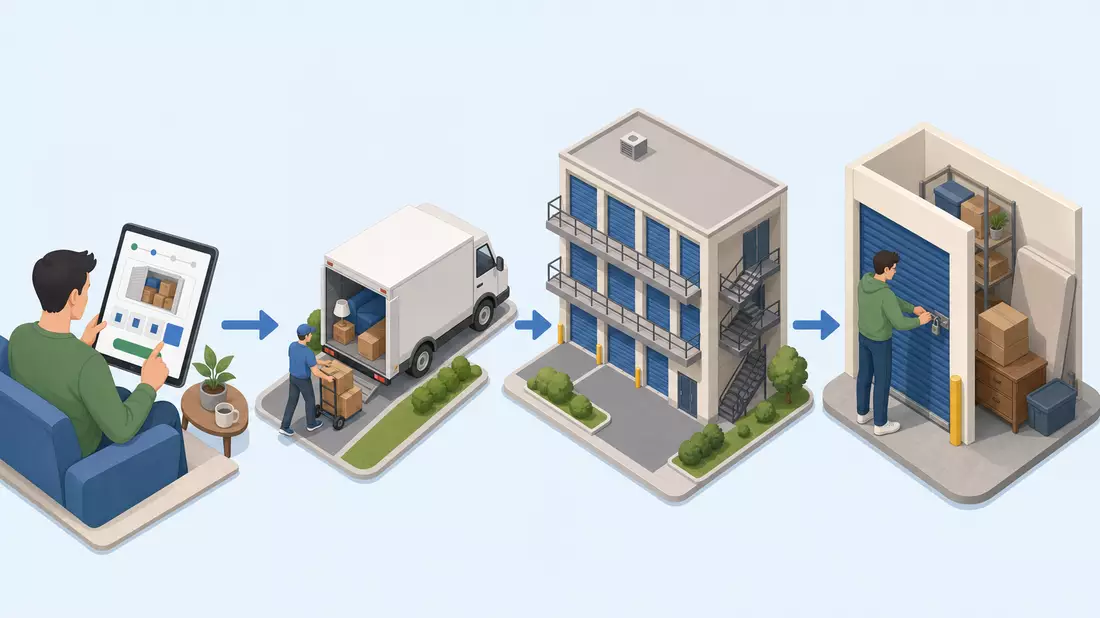 Isometrische 3D-Grafik der Prozesskette von Anmietung bis Einlagerung