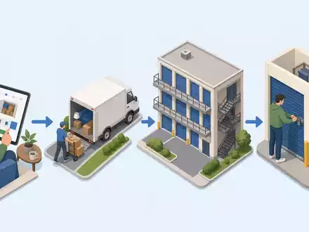 Isometrische 3D-Illustration der Wertschöpfungskette veranschaulicht Geschäftsmodell von Safestore Holdings plc, ISIN GB00B1N7Z094, Vermietung von Lagerflächen - Foto: THN