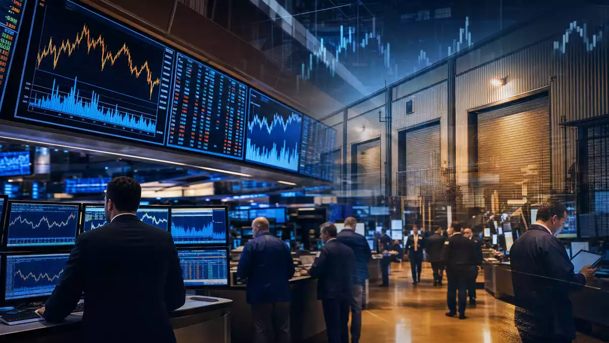 Editorial-Aufnahme eines Trading-Floors mit Kursdiagrammen und Lagerhallen-Silhouetten