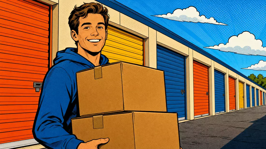 Pop-Art-Comic-Illustration einer Person mit Umzugskartons vor Lagerboxen