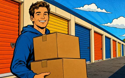 Pop-Art-Comic-Szene mit Kunden und Lagerboxen illustriert farbenfroh Branche von Safestore Holdings plc, ISIN GB00B1N7Z094, Self-Storage-Betreiber - Foto: THN