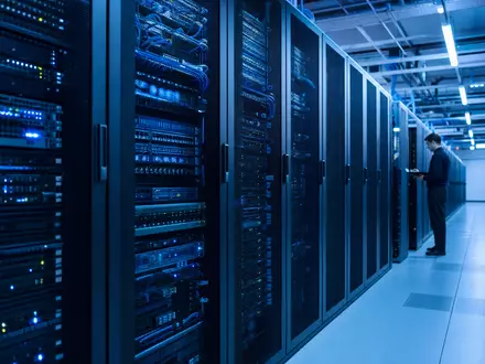 Softcat plc (GB00BYZ2B577) betreibt IT-Infrastruktur-Vertrieb, symbolisiert durch modernes Rechenzentrum mit Serverracks und blauem Licht - Foto: THN