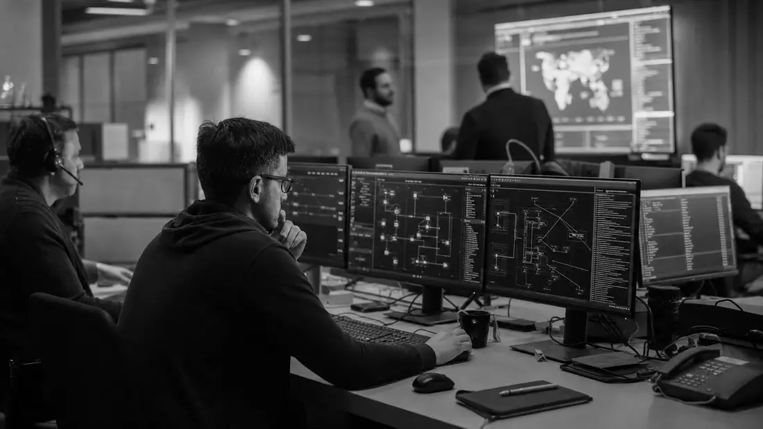 Schwarzweiß-Reportagefoto von IT-Support-Mitarbeitern am Helpdesk mit Monitoren