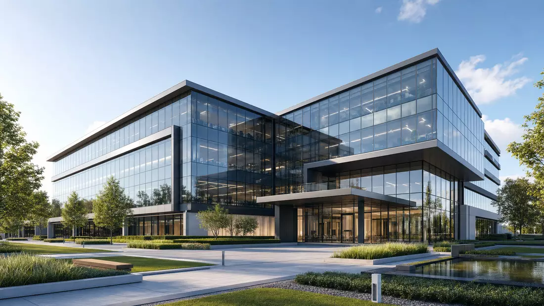 Architektur-Render eines modernen Glas-Bürogebäudes mit klaren geometrischen Linien