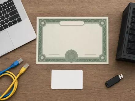 Softcat plc (GB00BYZ2B577) als Investment dargestellt durch Flatlay mit Aktienzertifikat, ISIN-Karte und IT-Zubehör auf Holztisch - Foto: THN