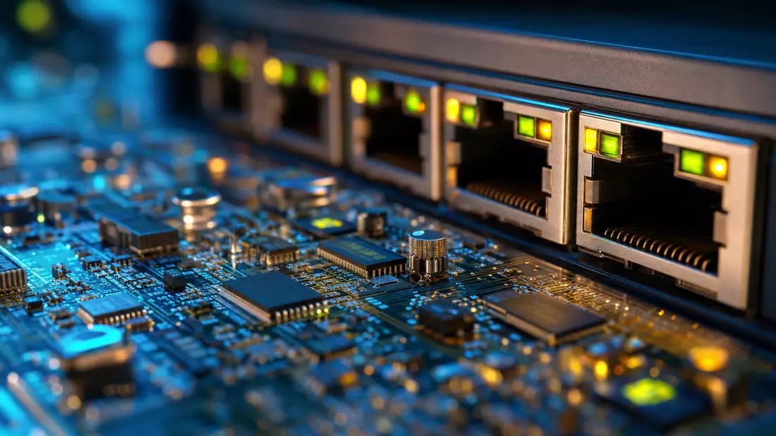 Makroaufnahme einer Computerplatine mit Netzwerkports und LED-Lichtern