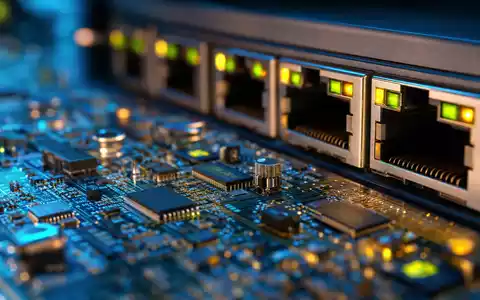 Softcat plc (GB00BYZ2B577) vertreibt IT-Hardware, symbolisiert durch Makroaufnahme einer Platine mit Netzwerkanschlüssen - Foto: THN