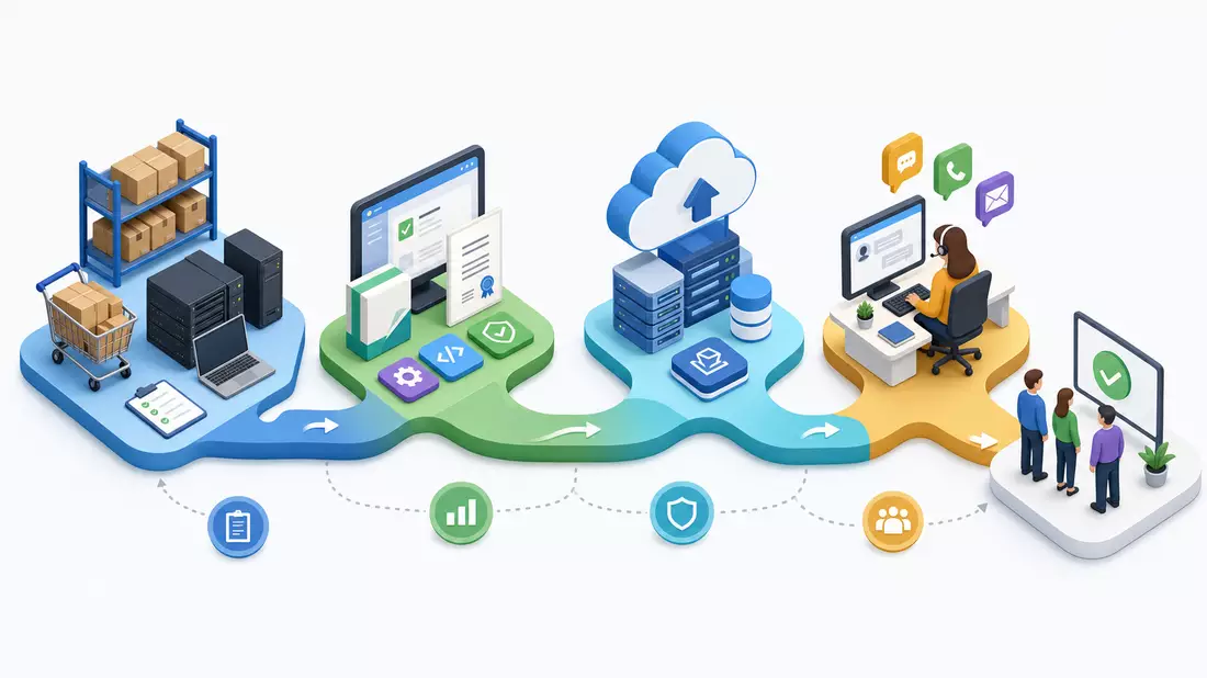 Isometrisches 3D-Diagramm einer IT-Wertschöpfungskette mit Icons für Hardware und Cloud