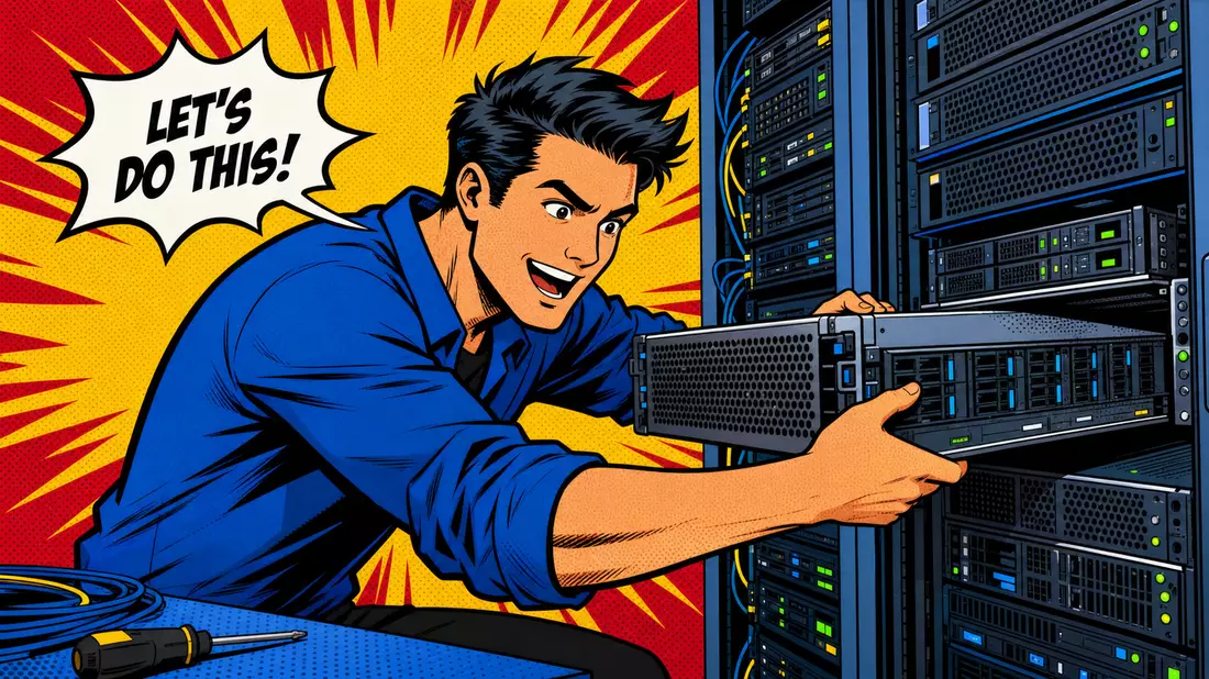 Pop-Art-Comic-Illustration eines Technikers bei der Installation von Serverhardware