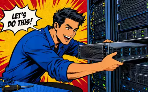 Softcat plc (GB00BYZ2B577) installiert IT-Systeme für Kunden, dargestellt als farbenfrohe Pop-Art-Comic-Szene mit Techniker - Foto: THN