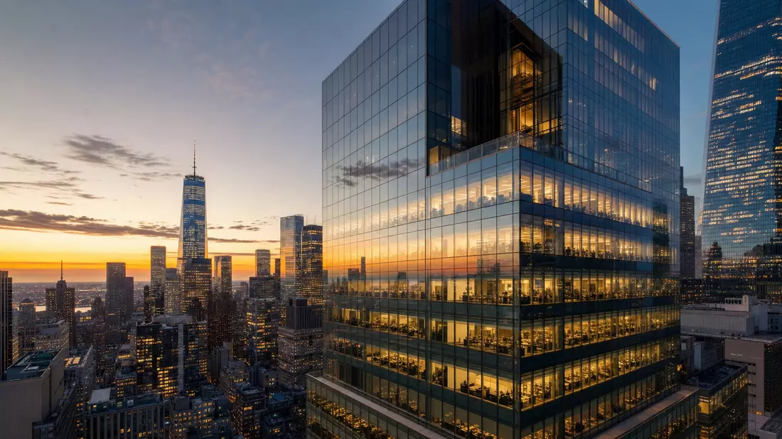 Fotorealistische Wolkenkratzer-Skyline einer Investmentbank in Manhattan bei Dämmerung