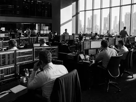 Schwarzweiß-Reportagefoto zeigt Handelsraum für The Goldman Sachs Group Inc., Aktie US38141G1040, New York City - Foto: THN