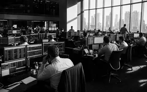 Schwarzweiß-Reportagefoto zeigt Handelsraum für The Goldman Sachs Group Inc., Aktie US38141G1040, New York City - Foto: THN