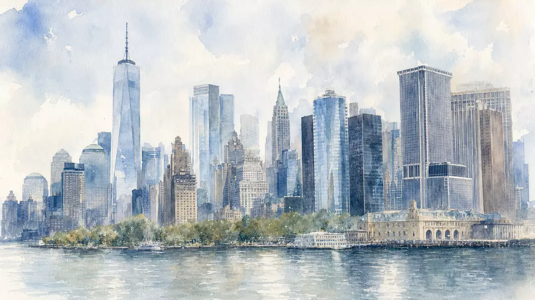 Aquarellillustration der Wall Street mit Finanzhochhäusern in weichen Farben