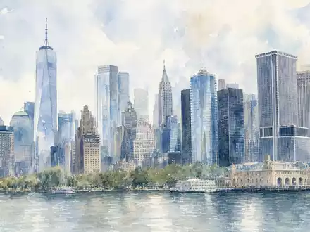 Aquarellmalerei zeigt Wall Street Finanzdistrikt für The Goldman Sachs Group Inc., Aktie US38141G1040, New York - Foto: THN