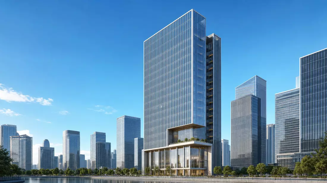 3D-Architekturrender eines modernen gläsernen Bankhochhauses in der Stadt