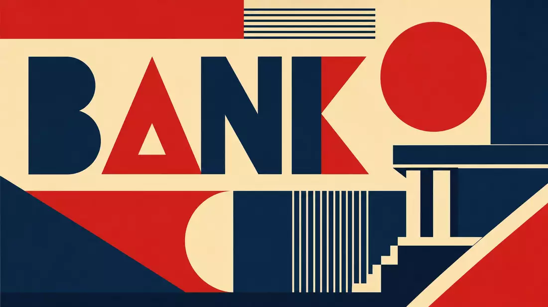 Bauhaus-Poster mit geometrischen Formen und Text BANK in Primärfarben