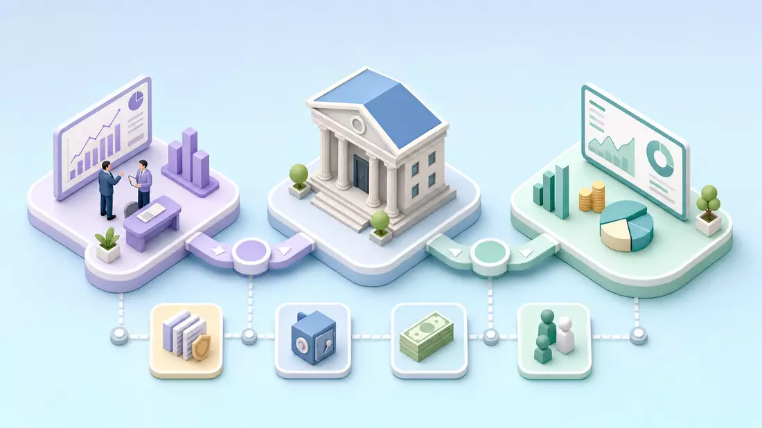 Isometrische 3D-Illustration eines Finanzprozess-Diagramms mit Gebäuden und Icons