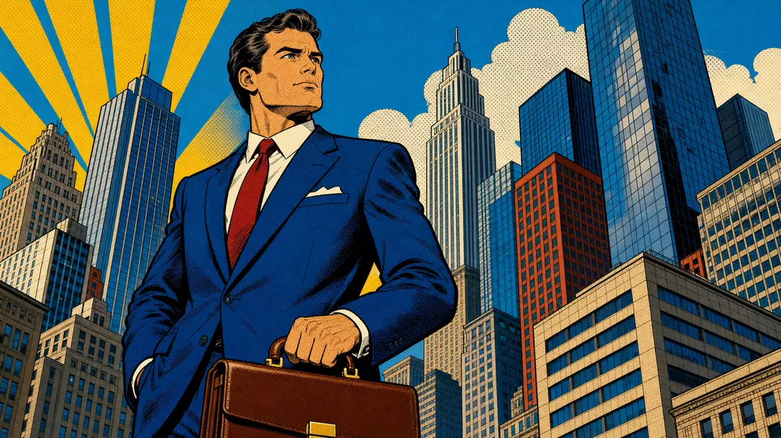 Pop-Art-Comic-Illustration eines Bankers vor Wolkenkratzern in leuchtenden Farben