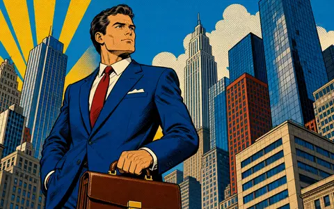 Pop-Art-Comic zeigt stilisierten Banker für The Goldman Sachs Group Inc., Aktie US38141G1040, farbenfroh Wolkenkratzer - Foto: THN