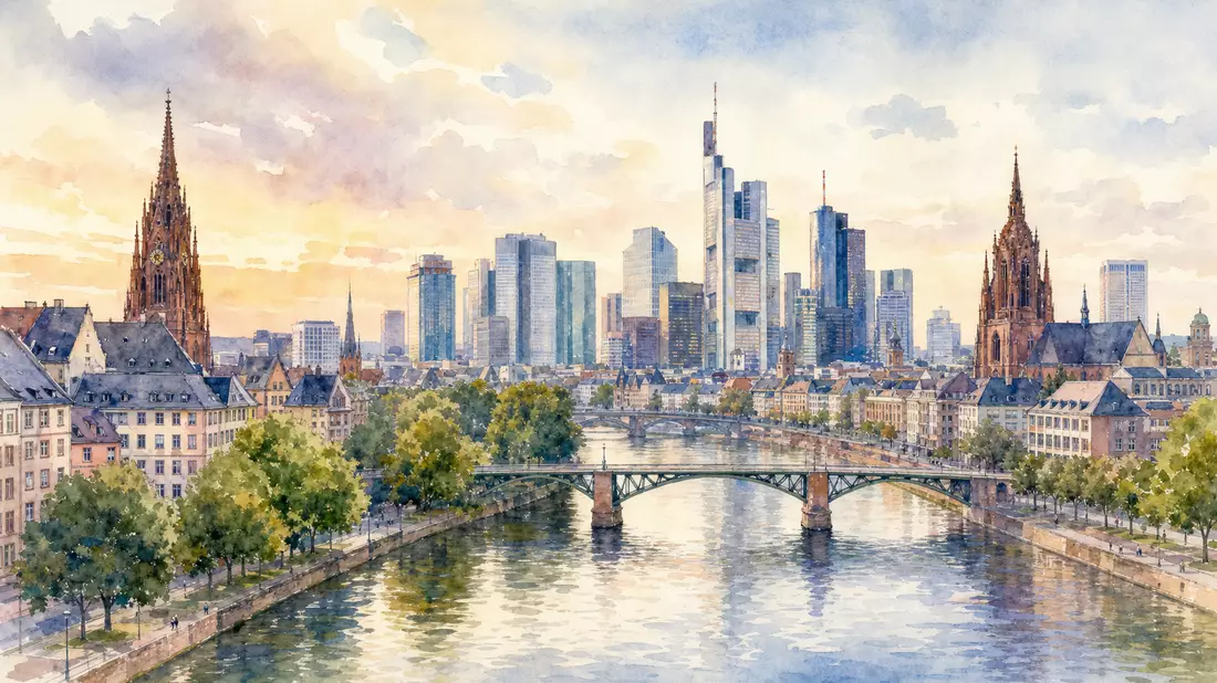 Aquarellmalerei einer deutschen Stadtsilhouette mit Fluss, Brücke und modernen Bürotürmen
