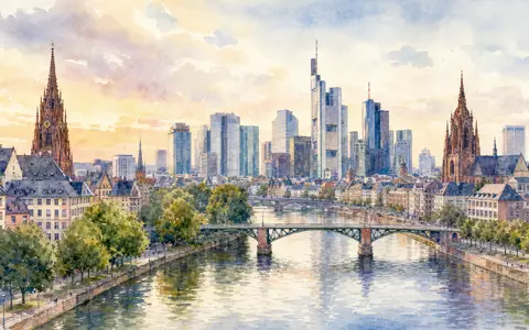 Hannover Rück SE (DE0008402215) hat ihren Sitz in Deutschland, symbolisiert hier durch eine sanfte Aquarell-Stadtansicht - Foto: THN