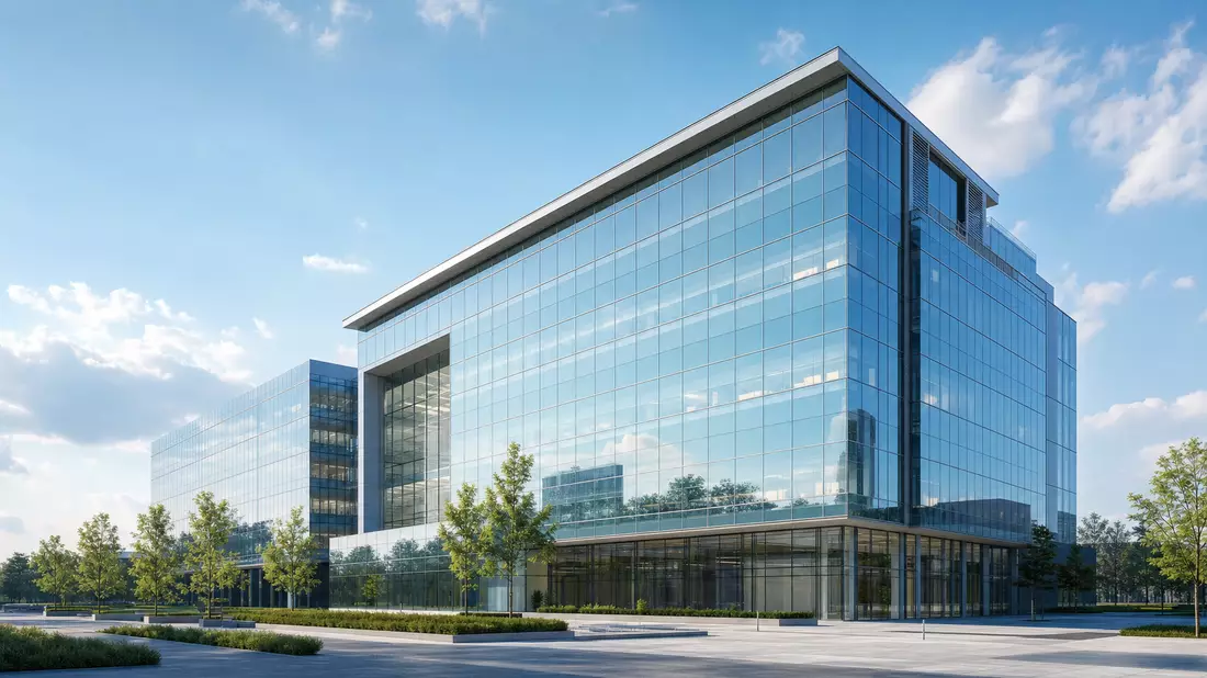 Architektur-Rendering eines modernen verglasten Bürogebäudes mit klarer Fassade unter blauem Himmel