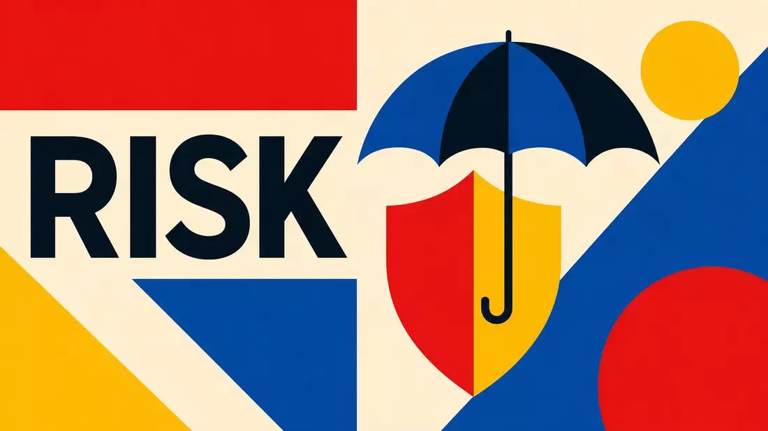 Geometrisches Bauhaus-Poster mit Schild- und Schirmsymbol sowie dem Wort RISK in Primärfarben