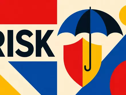 Hannover Rück SE (DE0008402215) steht für Risikoschutz, visualisiert durch dieses geometrische Bauhaus-Poster mit Schirm-Symbol - Foto: THN