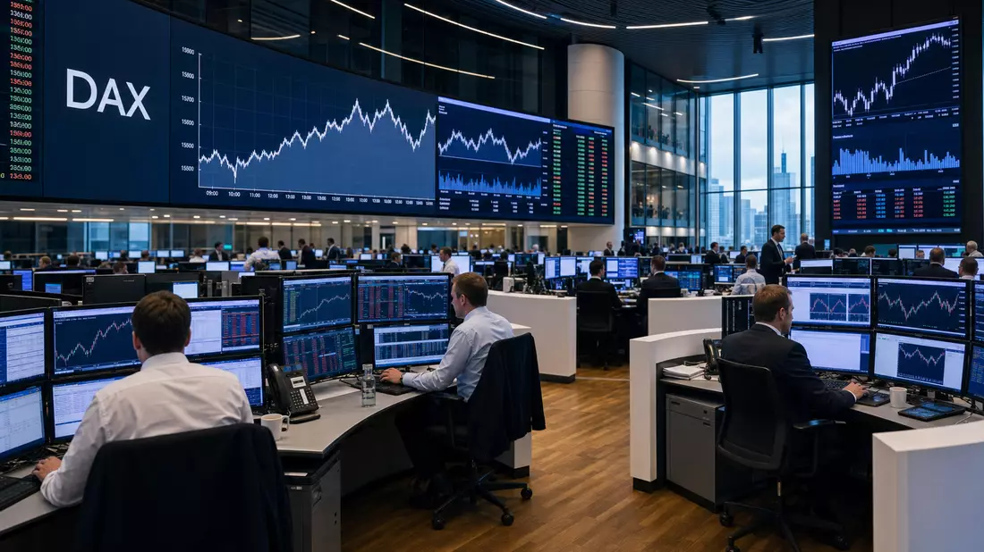 Editorial-Foto eines Börsenhandelsraums mit Bildschirmen, DAX-Kürzel und Finanzcharts