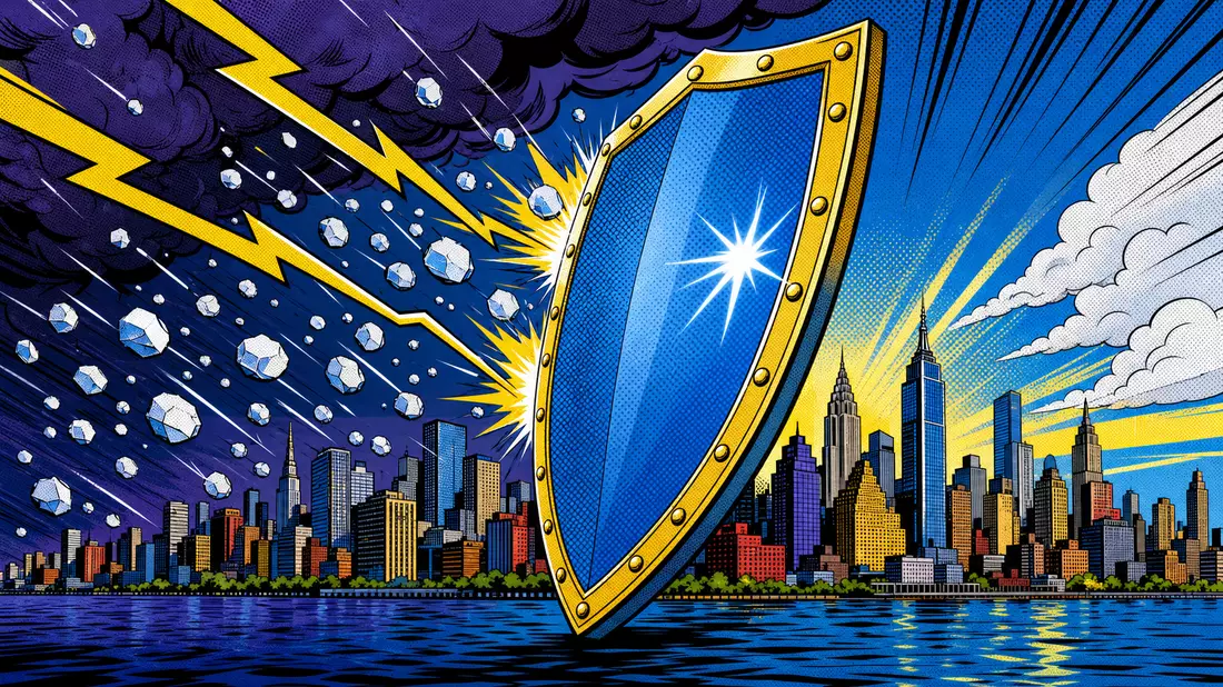 Pop-Art-Comic mit riesigem Schutzschild, der eine Stadt vor Blitzen und Hagel bewahrt